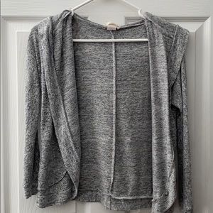 gray cardigan with a hood